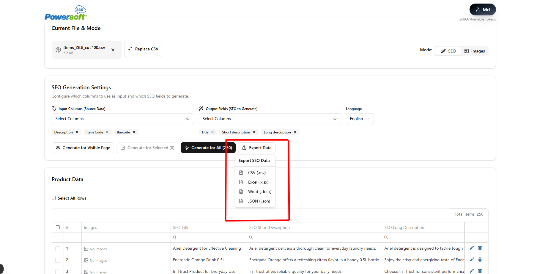 Export CSV screenshot